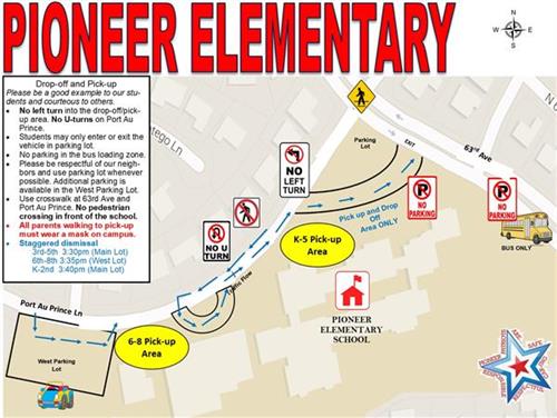 Map of Pioneer Elementary Drop off and Pick up areas
